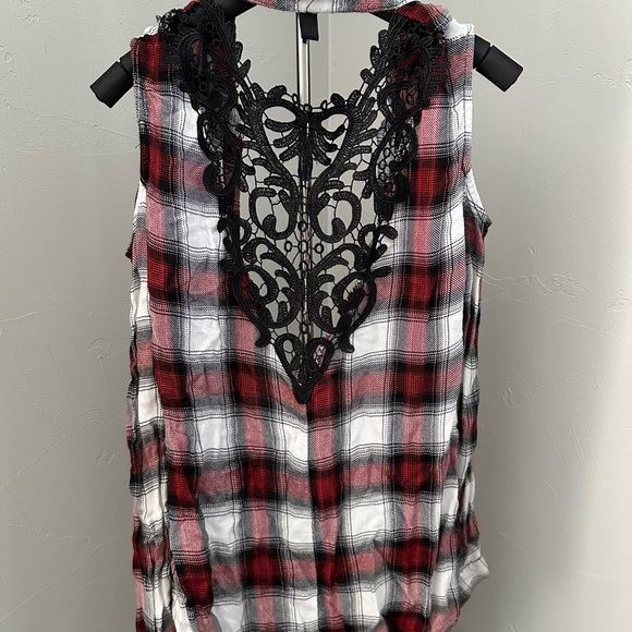 Plaid Open Shoulder Long Sleeve Button Down Top with Lace Detail - Picture 2 of 6